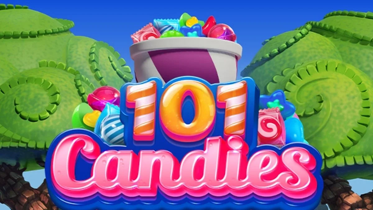 Makulay na interface ng 101 Candies slot game na may mga kendi at candies sa background.